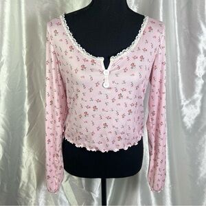 2/$15 Floral Pink Long Sleeve Crop Top – Cottagecore Y2K Romantic Ruffle Blouse